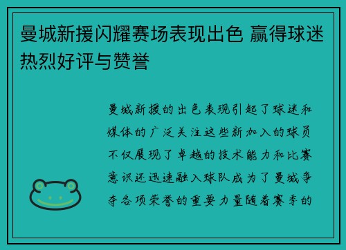 曼城新援闪耀赛场表现出色 赢得球迷热烈好评与赞誉