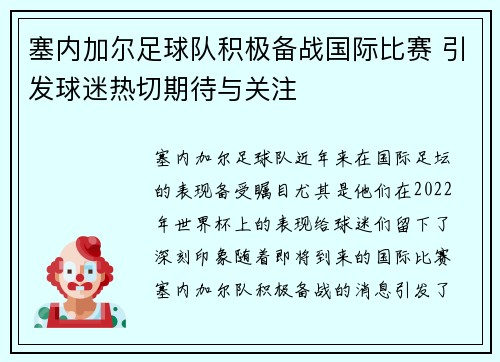 塞内加尔足球队积极备战国际比赛 引发球迷热切期待与关注