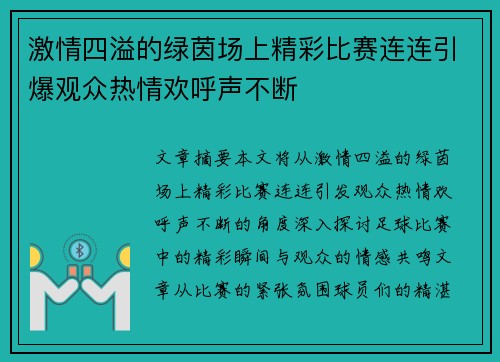 激情四溢的绿茵场上精彩比赛连连引爆观众热情欢呼声不断