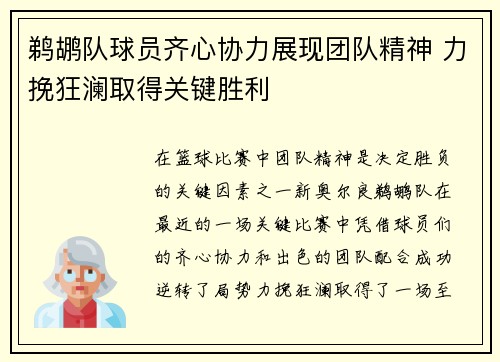 鹈鹕队球员齐心协力展现团队精神 力挽狂澜取得关键胜利