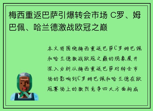 梅西重返巴萨引爆转会市场 C罗、姆巴佩、哈兰德激战欧冠之巅